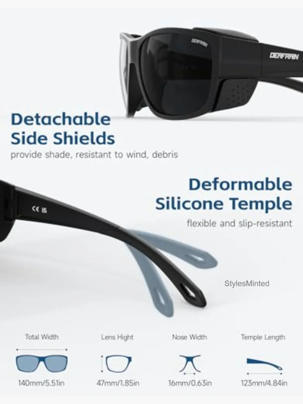 Super Dark Polarized Sunglasses with Removable Side Shields Sport Wrap Around